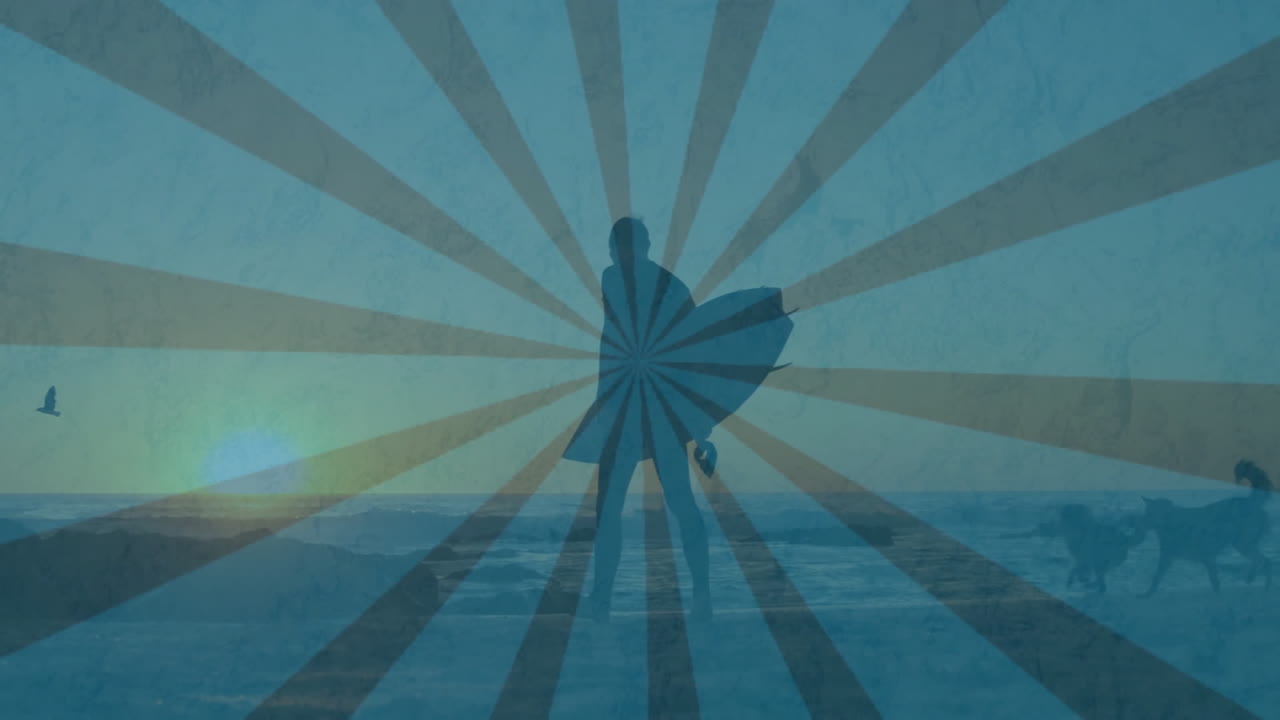 Silhouette of surfer with board at ocean shore, sunburst pattern in background