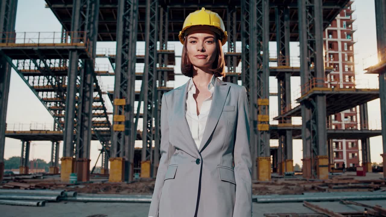 arquitecta profesional con confianza de pie con casco y traje de seguridad, inspeccionando el sitio de construcción con marco de acero durante la luz del sol de la hora dorada