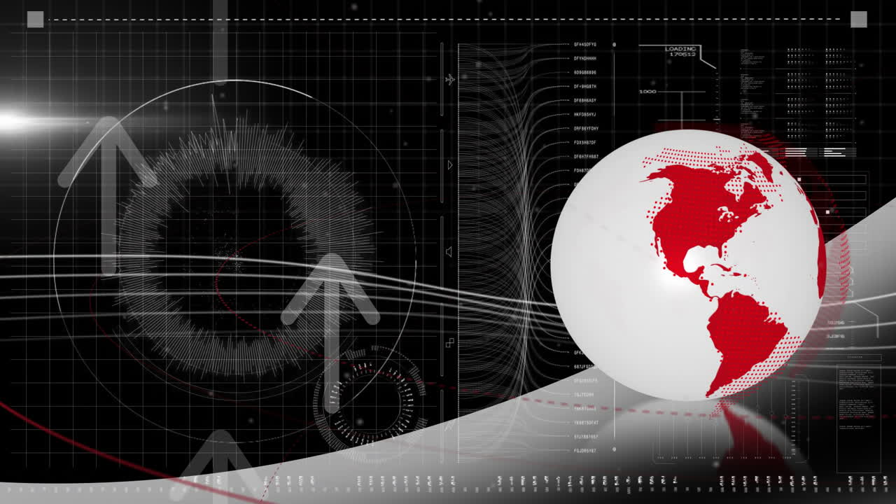 Animation of futuristic globe with data charts and arrows on digital interface