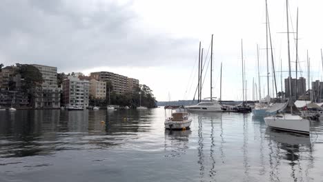 Sailboats-At-Harbour-Near-City-Skyline-Of-Paddington-In-New-South-Wales,-Australia