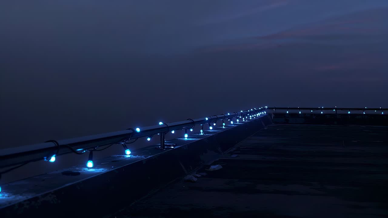 Glowing blue bulbs and metal railing shifting across rooftop parapet during camera pan at dusk