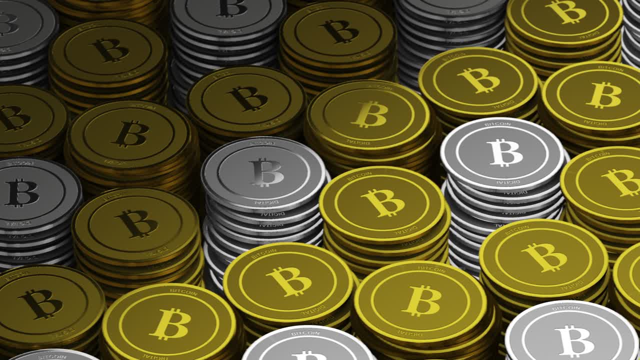 pila de medallas de bitcoin, símbolo de fondo de la moneda criptográfica