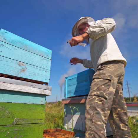 beekeeper works with hives. apiarist puts wooden boxes against blue sky in the apiary. apiculture concept. view from below.