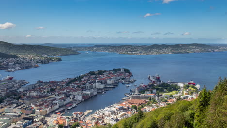 beautiful view over the city of bergen from the viewpoint on mount fløyen on a summer day