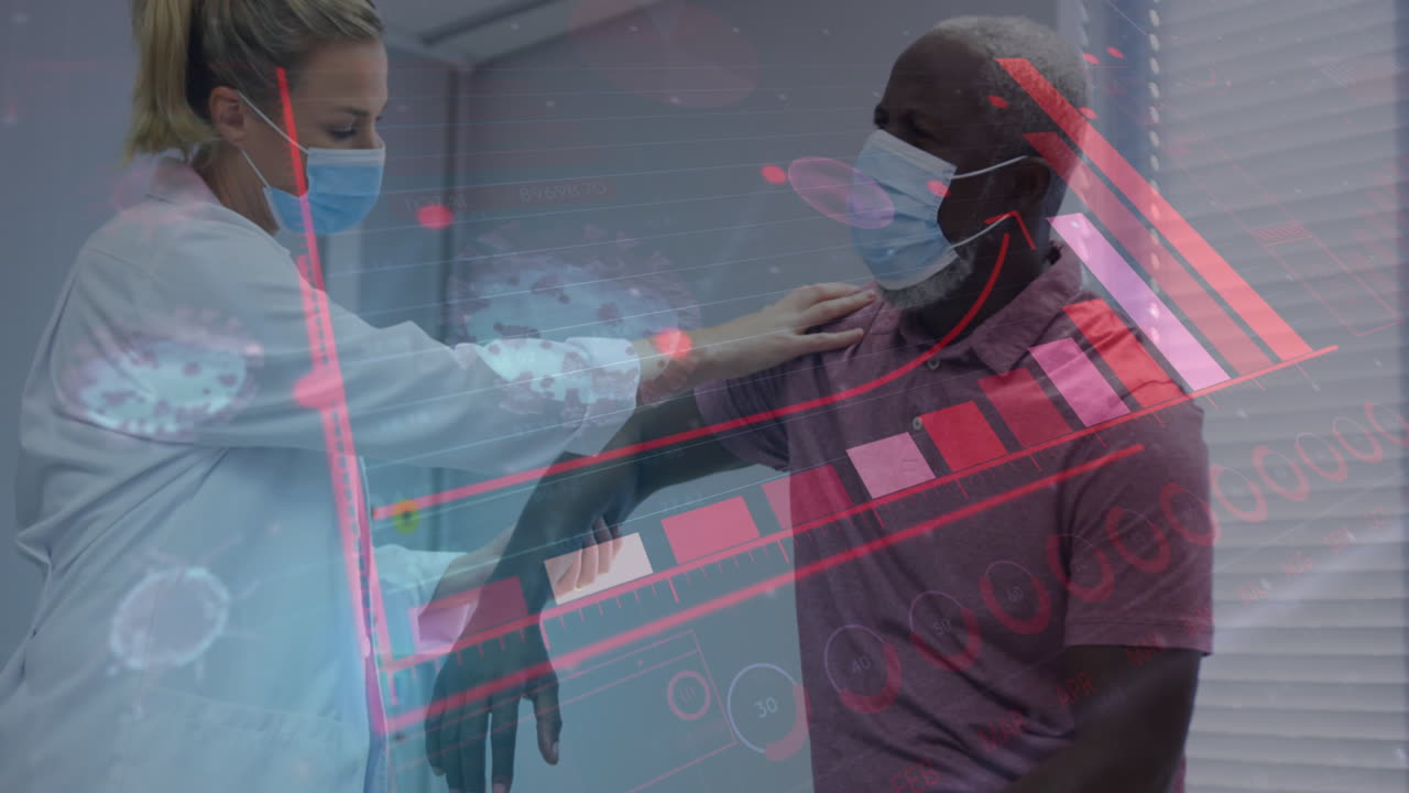 animación del procesamiento de datos sobre diversos médicos y pacientes que llevan máscaras faciales