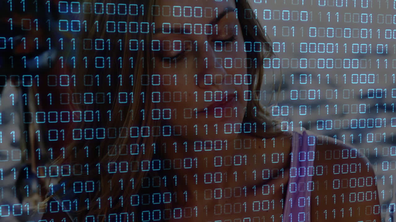 Animation of binary code overlaying woman thinking, symbolizing digital technology