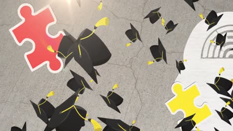 Animation-of-puzzles-falling-with-human-head-with-maze-and-graduation-hats-on-grey-background