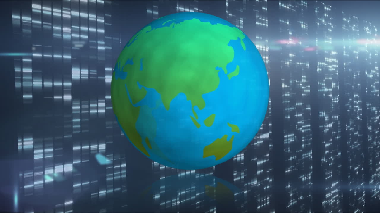 Animazione di un globo che ruota sopra server informatici luminosi su sfondo blu