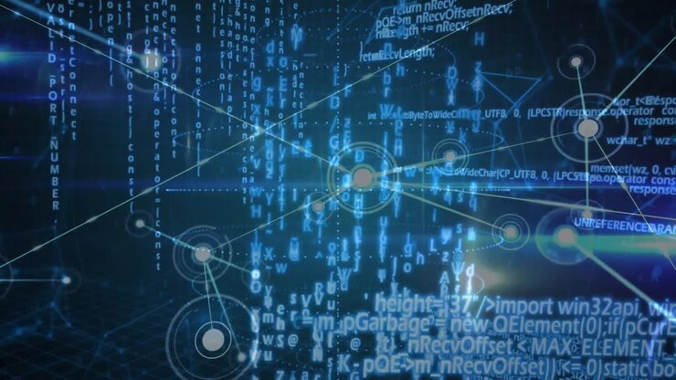 On startup node forming in blue grid linking nodes streaming code rotating network visualizing data