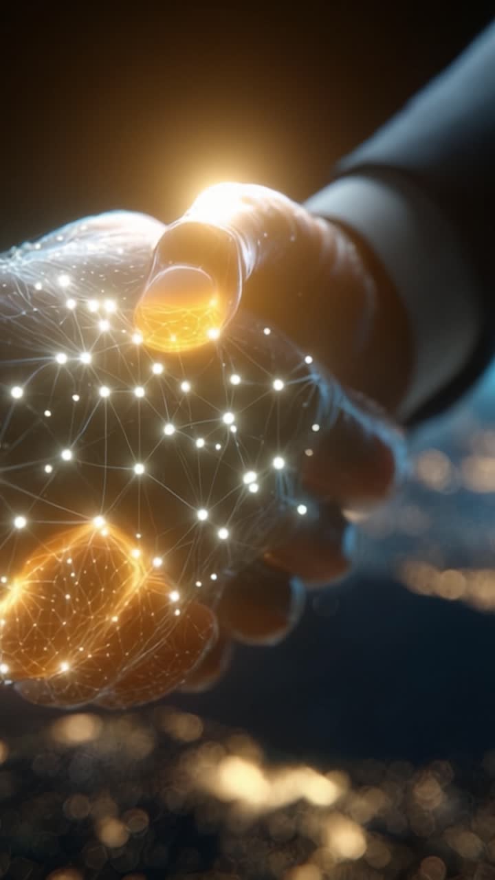 Ilustrasi Futuristik Dua Tangan Menyatu dengan Jaringan Titik yang Terhubung, Melambangkan Teknologi, Kolaborasi, dan Kekuatan Koneksi Manusia