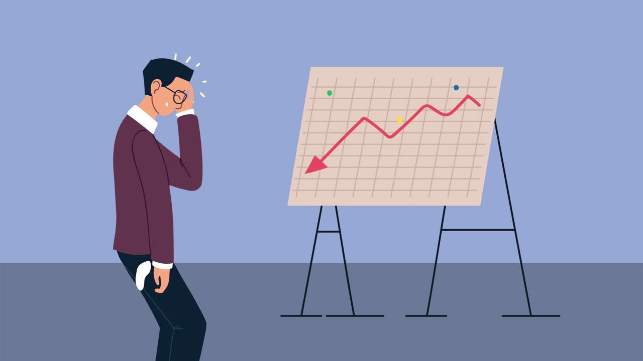 스트레스를 받은 사업가가가 하락하는 그래프에 직면합니다.