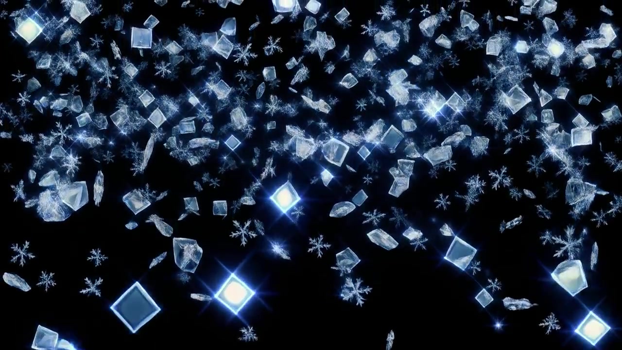 Cristalli di ghiaccio e fiocchi di neve che cadono su sfondo nero