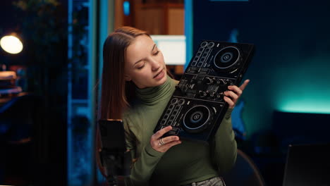 artista de la generación z jugando con mezclador de sonido estéreo en el estudio casero
