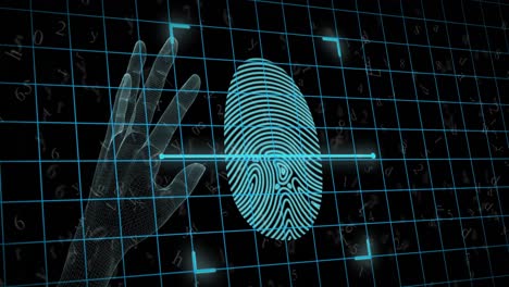 animation of biometric fingerprint, hand, data processing over grid