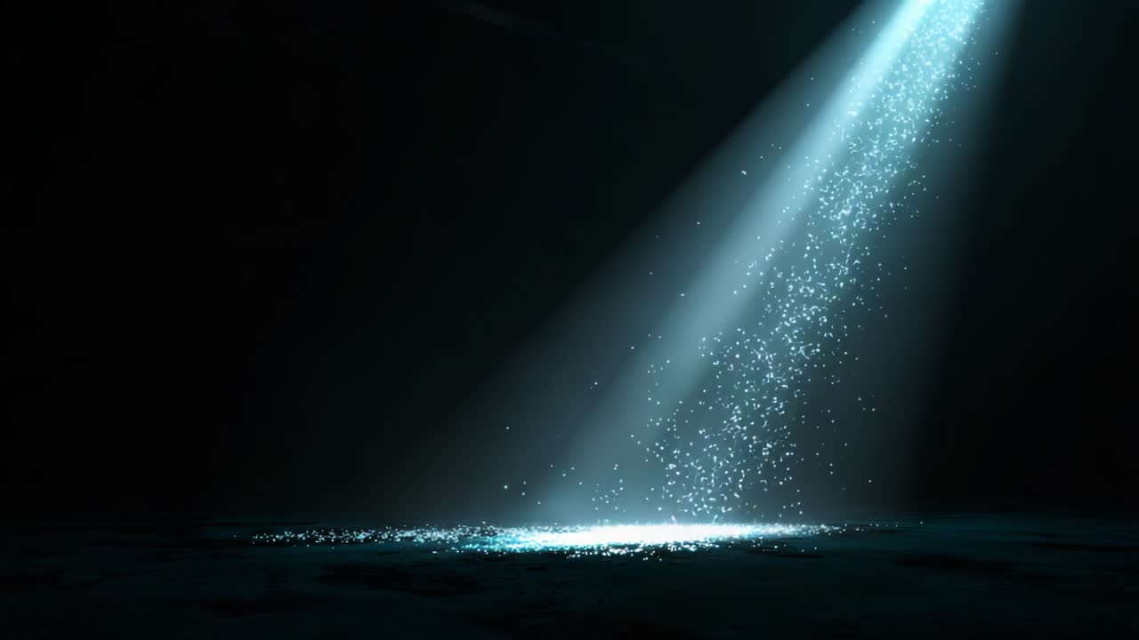A Captivating Scene of Illuminated Particles in Darkness: A Beam of Light Casts Sparkling Dust and Water Droplets, Creating Mesmerizing Visual Effects in a Mysterious Setting