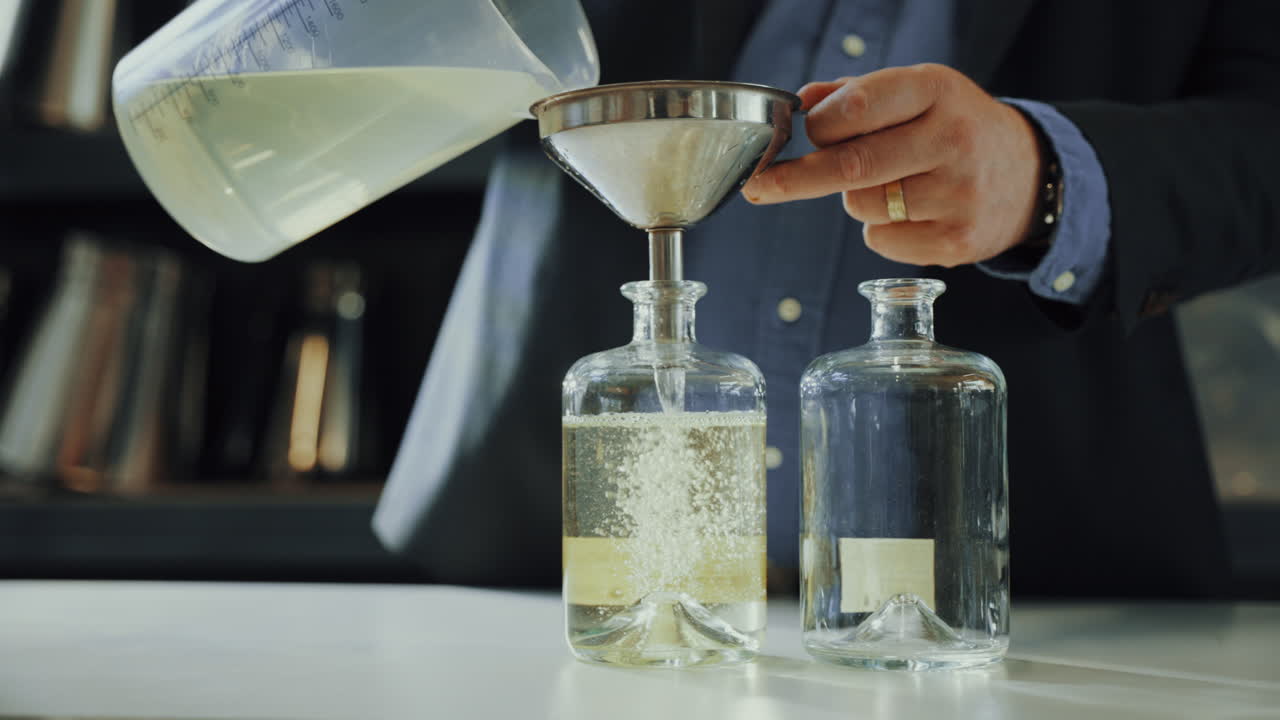 Male expert pouring distilled gin in a glass bottle with a funnel, quality control process in a gin distillery production