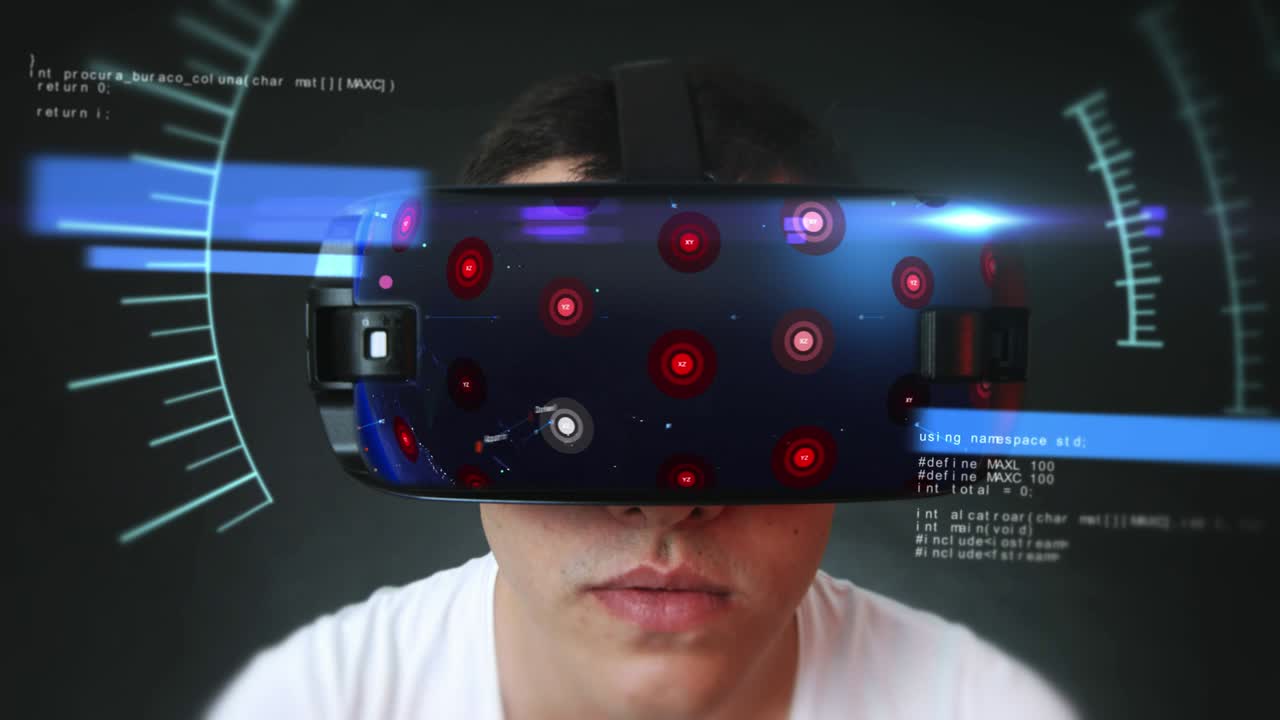 un joven guapo que usa auriculares vr y experimenta la realidad virtual.