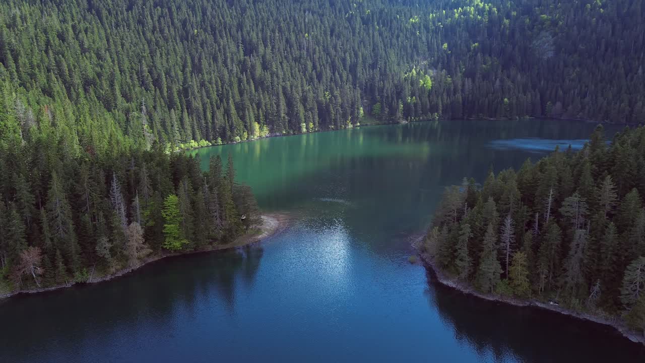 Black Lake in Durmitor National Park surrounded by dense coniferous forests, Aerial