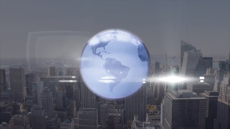 animatie van de aardbol die over het stadsbeeld draait