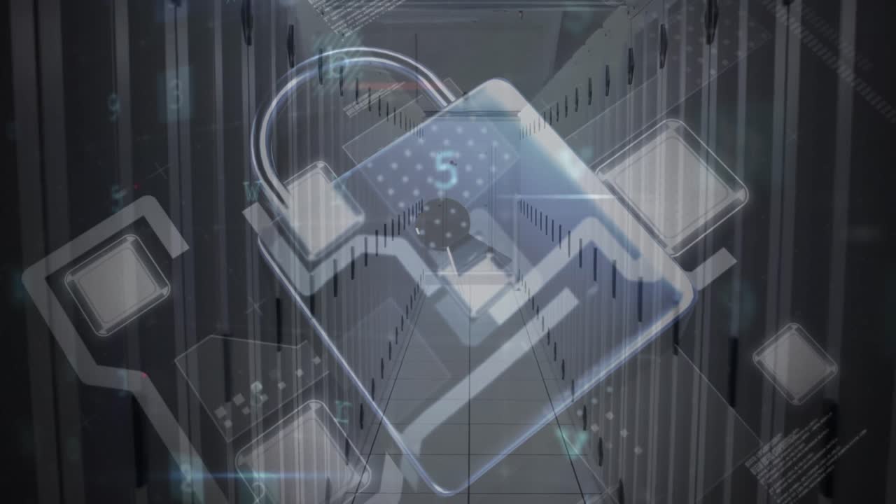 animación del candado de seguridad sobre el procesamiento de datos en fondo oscuro