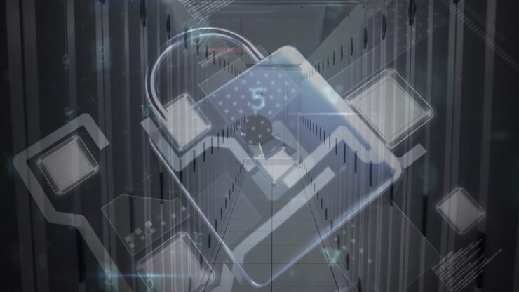 Animation of security padlock over data processing on dark background