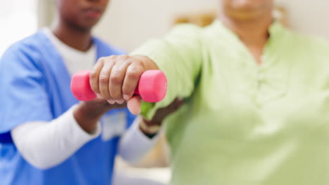 Rehabilitation,-Gewichte-Und-Krankenschwester-Mit-Senior