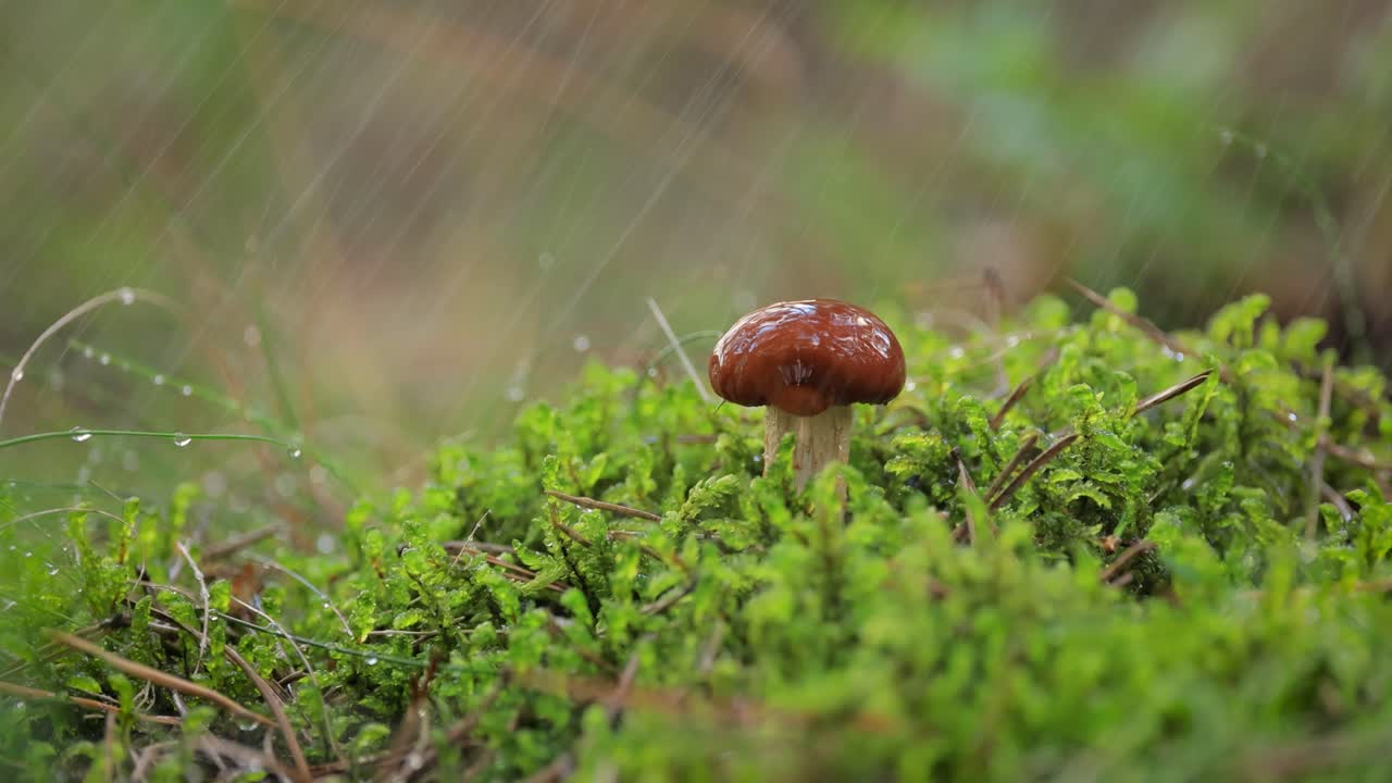 Armillaria Mushrooms of honey agaric In a forest in the rain.
