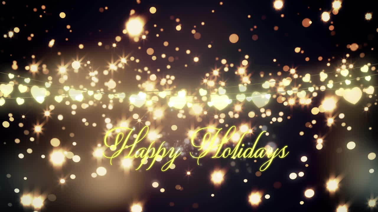 행복한 휴일의 애니메이션 심장 위의 텍스트와 검은색 배경의 밝은 반점이