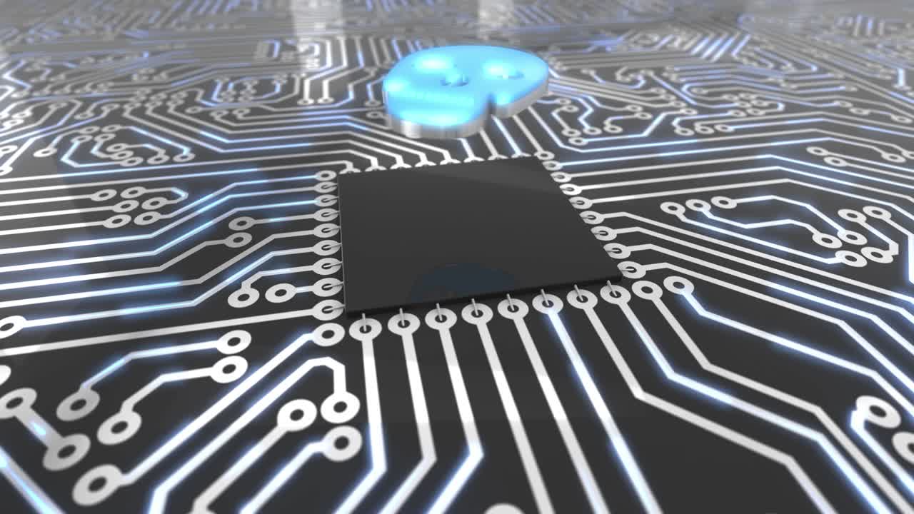 azul oscuro placa de circuitos giratorios de computadora concepto de bucle de cráneo 4k