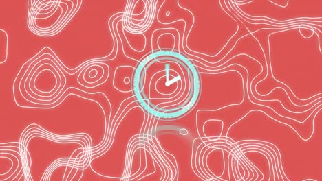 Animation-of-clock-ticking-over-neon-pattern-on-red-background