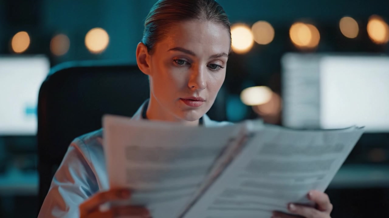 Focused professional examining documents in a dimly lit office environment with computer screens in the background, showcasing concentration and diligence.