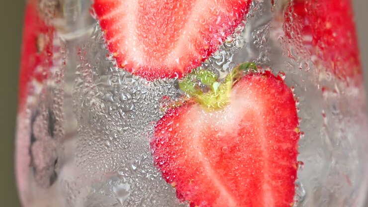 Cocktail estivo alla fragola con ghiaccio e rum, primo piano al rallentatore