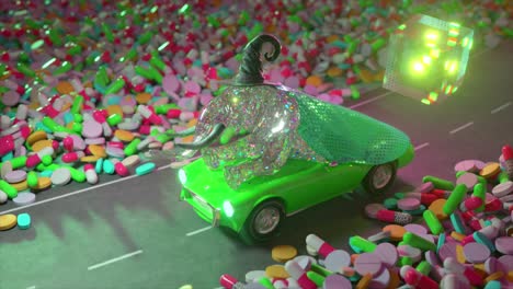 magical elephant car driving through a pile of pills