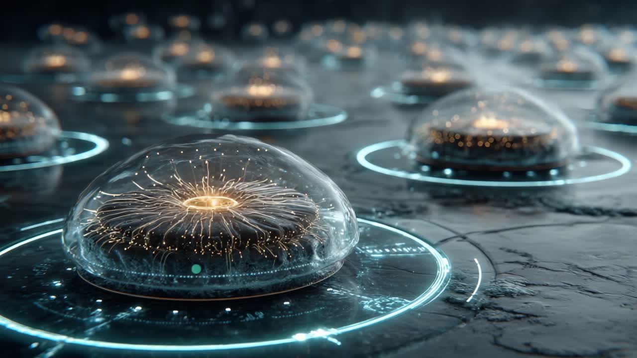 Futuristiska energikapslar: En fantastisk bild av lysande kapslar som avger ljus på en mörk yta, vilket skapar en mystisk och högteknologisk atmosfär.