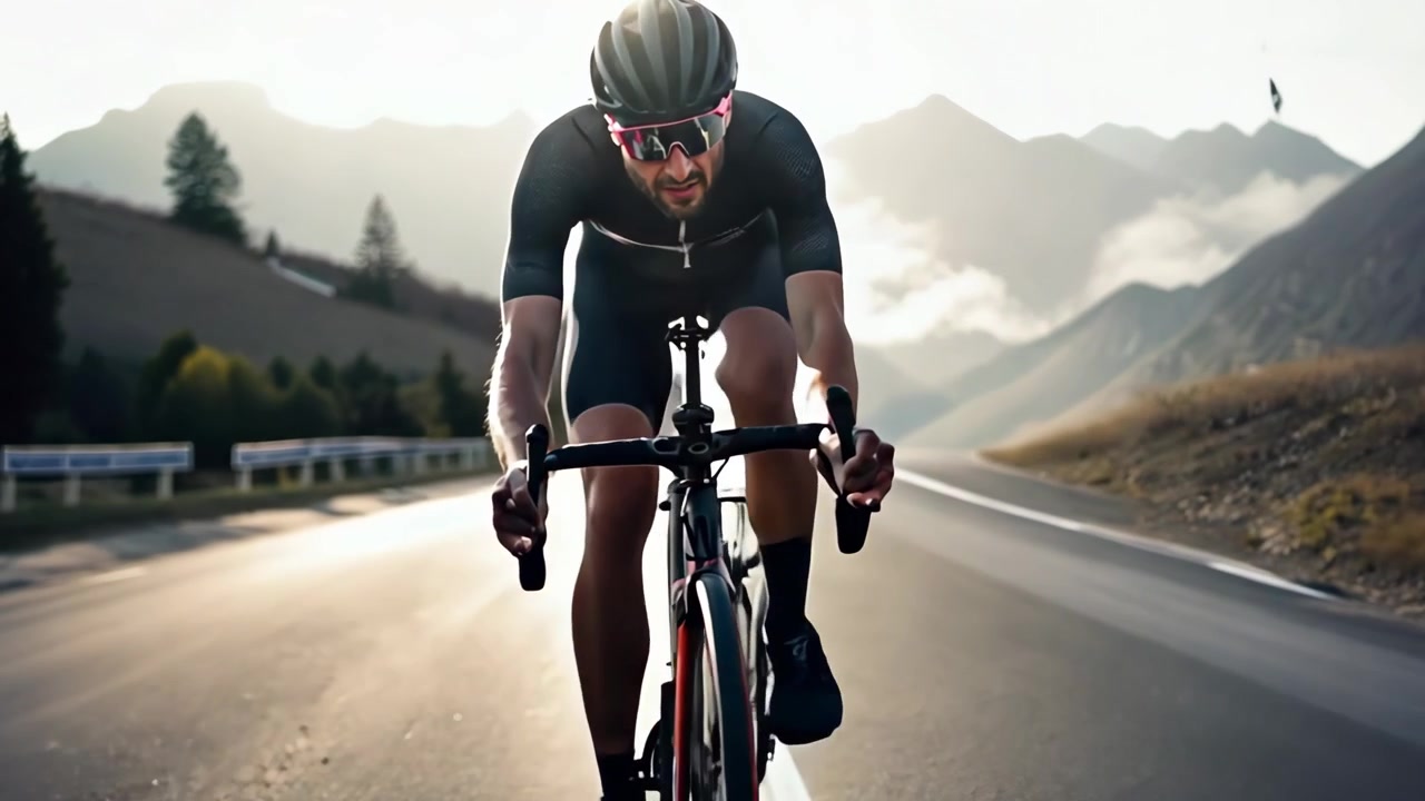 Ciclista determinato che si allena su una strada di montagna panoramica