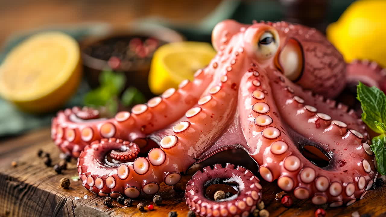 Fresh octopus on wood table. A vibrant octopus is displayed on a wooden table with lemon and mint, showcasing its vivid colors and details