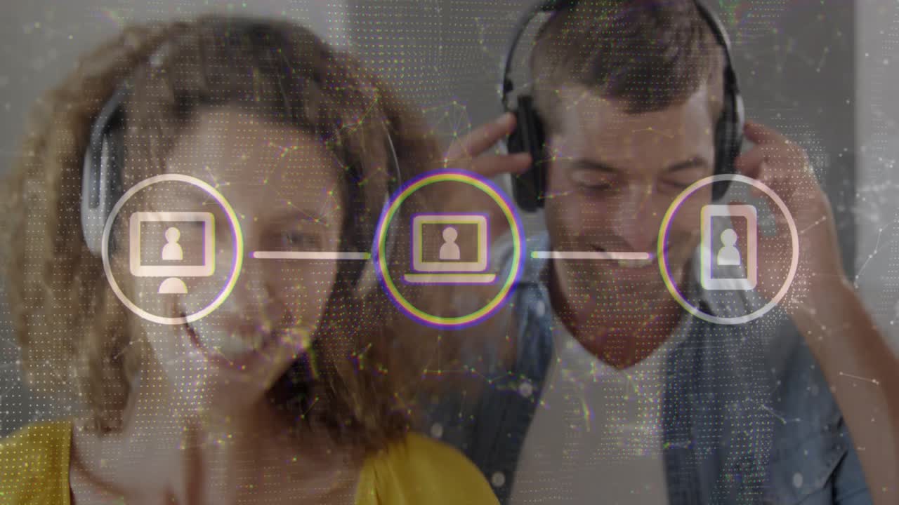 Couple placing over-ear headphones and activating network overlay highlighting connectivity in tech