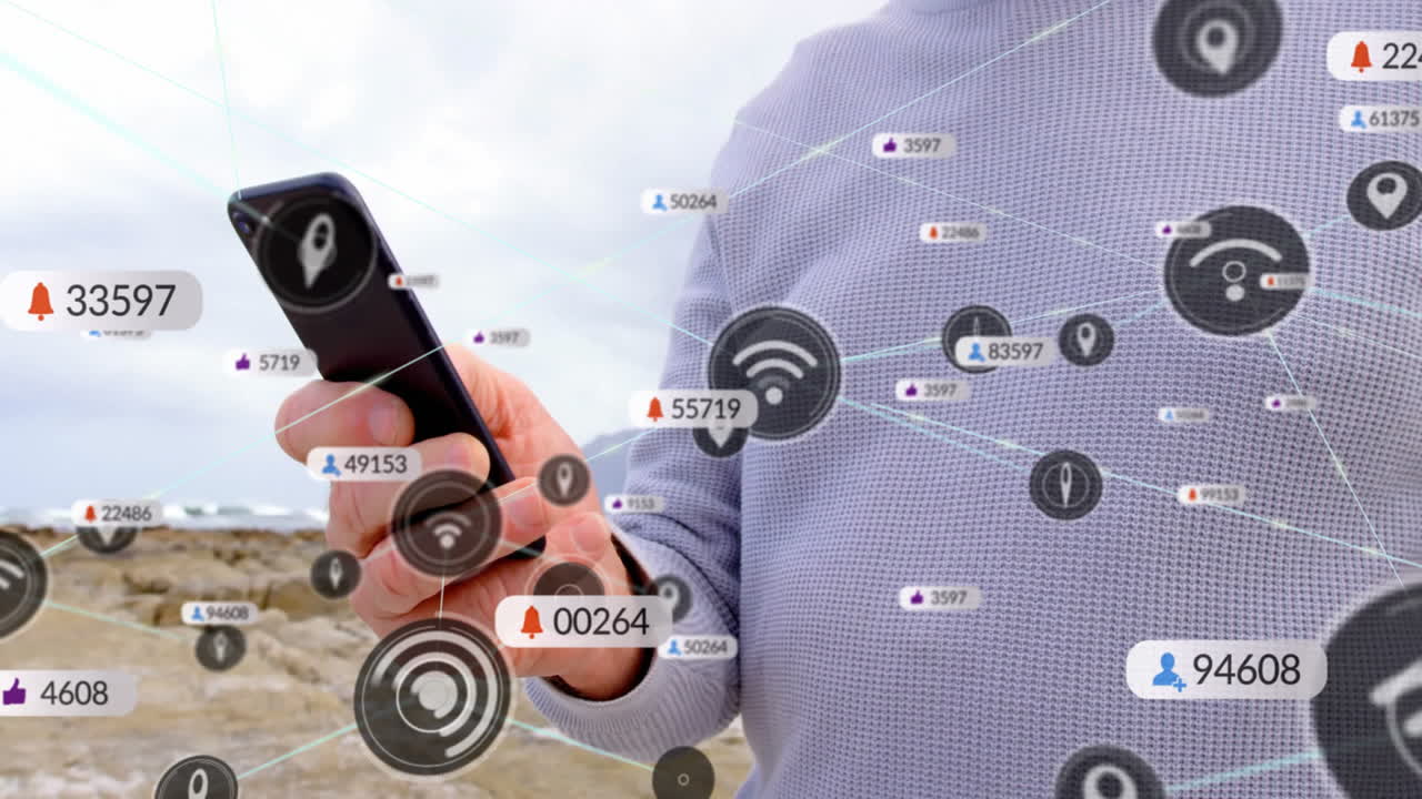 animación de la red de conexiones con iconos sobre el hombre caucásico usando un teléfono inteligente