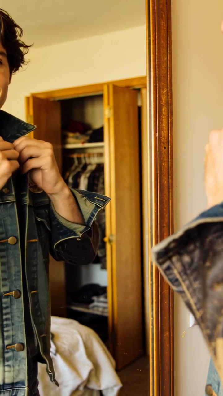 Vertical video: Checking mirror, adult man adjusting denim jacket in bedroom, preparing to go out