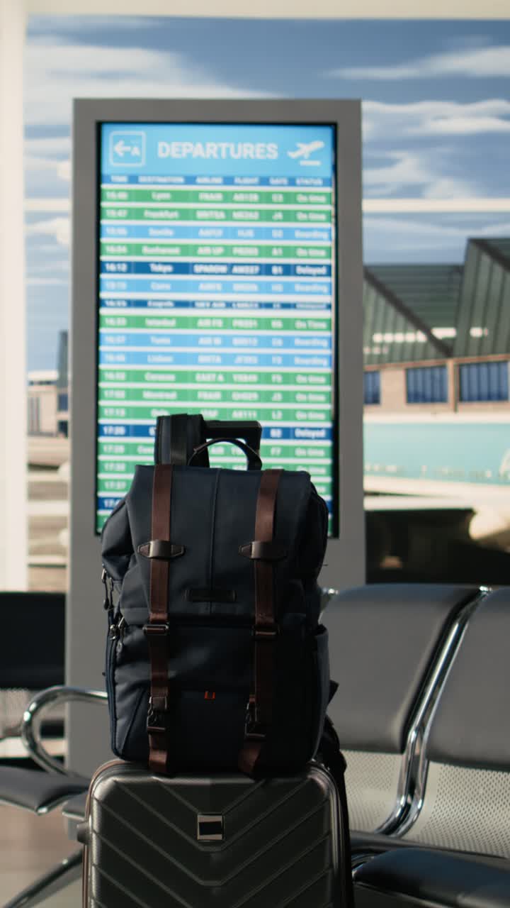 Maletas de viaje en la terminal del aeropuerto con pantalla de información de vuelos