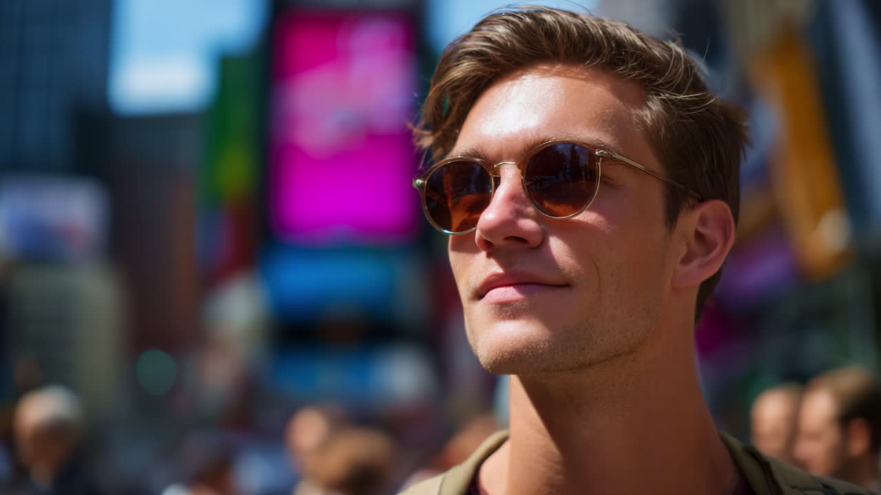 Un joven con gafas de sol sonriendo en un bullicioso entorno urbano, rodeado de coloridos anuncios y multitudes en una escena dinámica de la ciudad