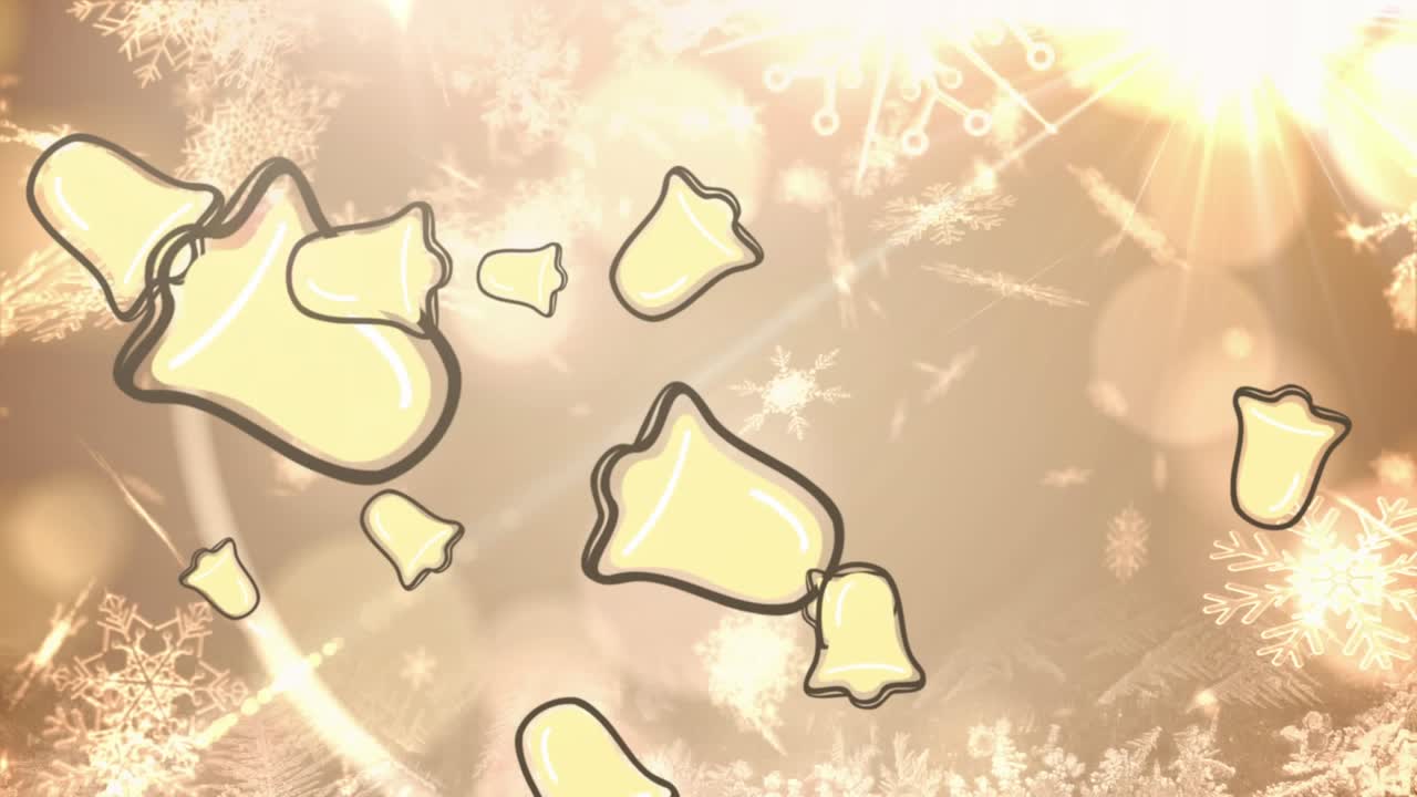 ベージュの背景に、雪の結晶と光の点の上にベルがアニメーション表示される様子。