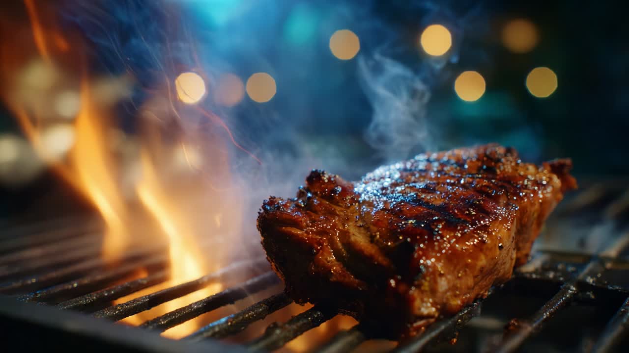 Sizzling and Juicy Steak on the Grill: A Close-Up Experience of Tender Meat Cooked to Perfection Over an Open Flame, Surrounded by a Romantic Atmosphere with Soft Lighting in the Background