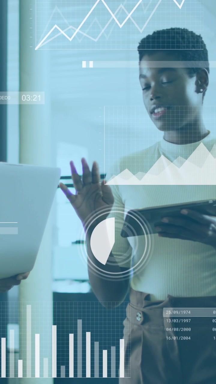 Animation of multiple graph moving over diverse woman with tablet explaining to colleagues in office