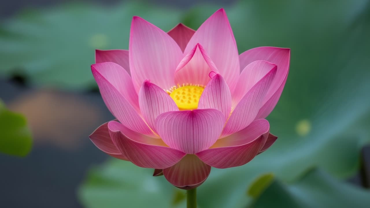 Stunning Pink Lotus Flower Blossom Amidst Lush Green Leaves Showcasing Its Beautiful Petals and Vibrant Yellow Center in Serenity of Nature's Garden