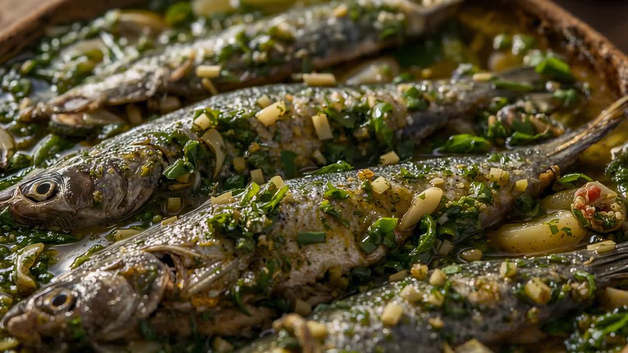 Liikkuva kamera tallentaa kolme kokonaista kypsennettyä kalaa kiiltämässä puupöydällä korostamaan pintaa