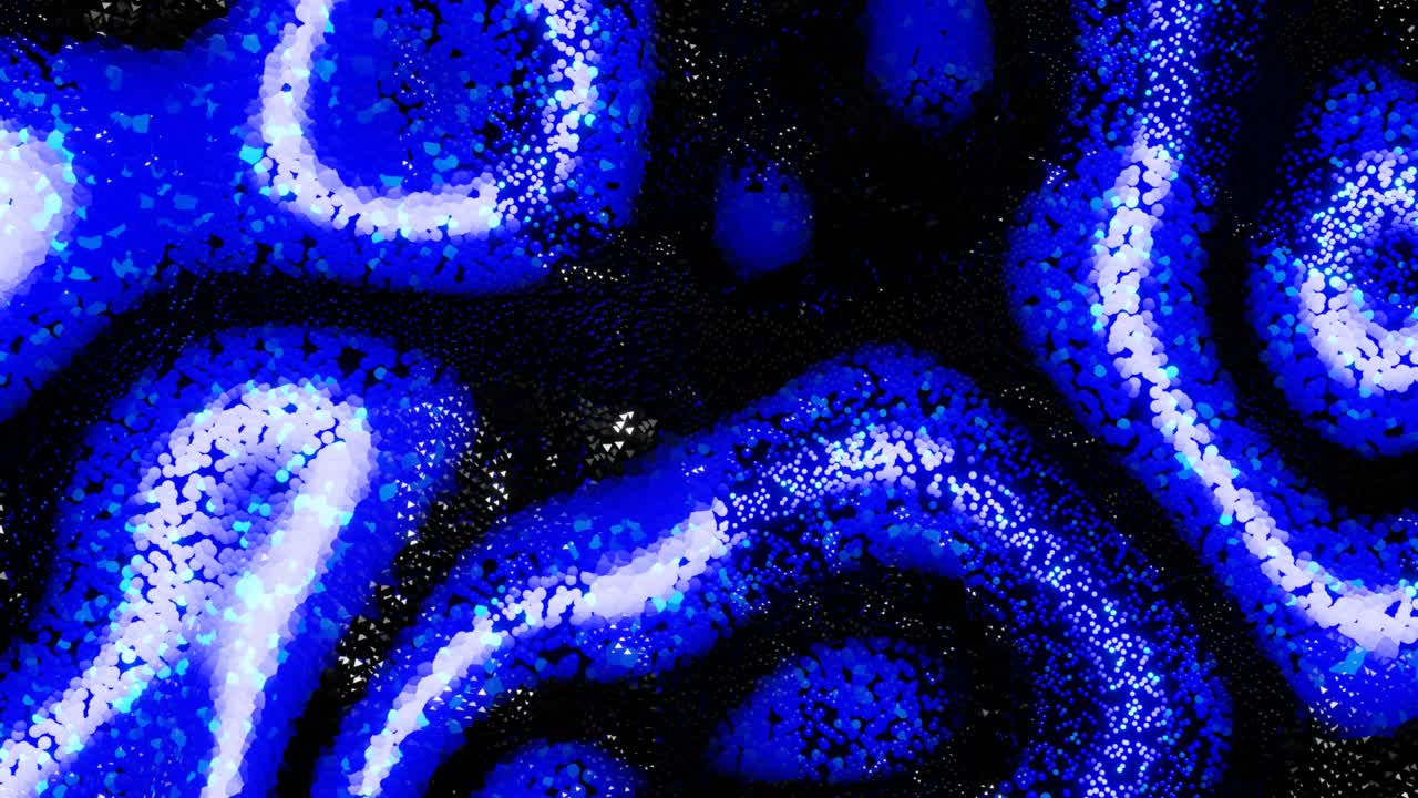 Fond abstrait 4K en boucle avec des particules bleues lumineuses formant un magnifique motif. Des sphères dans l'espace créent une surface, des vagues de couleur et de lumière parcourent les sphères. Les sphères ondulent sur les vagues. Animation graphique