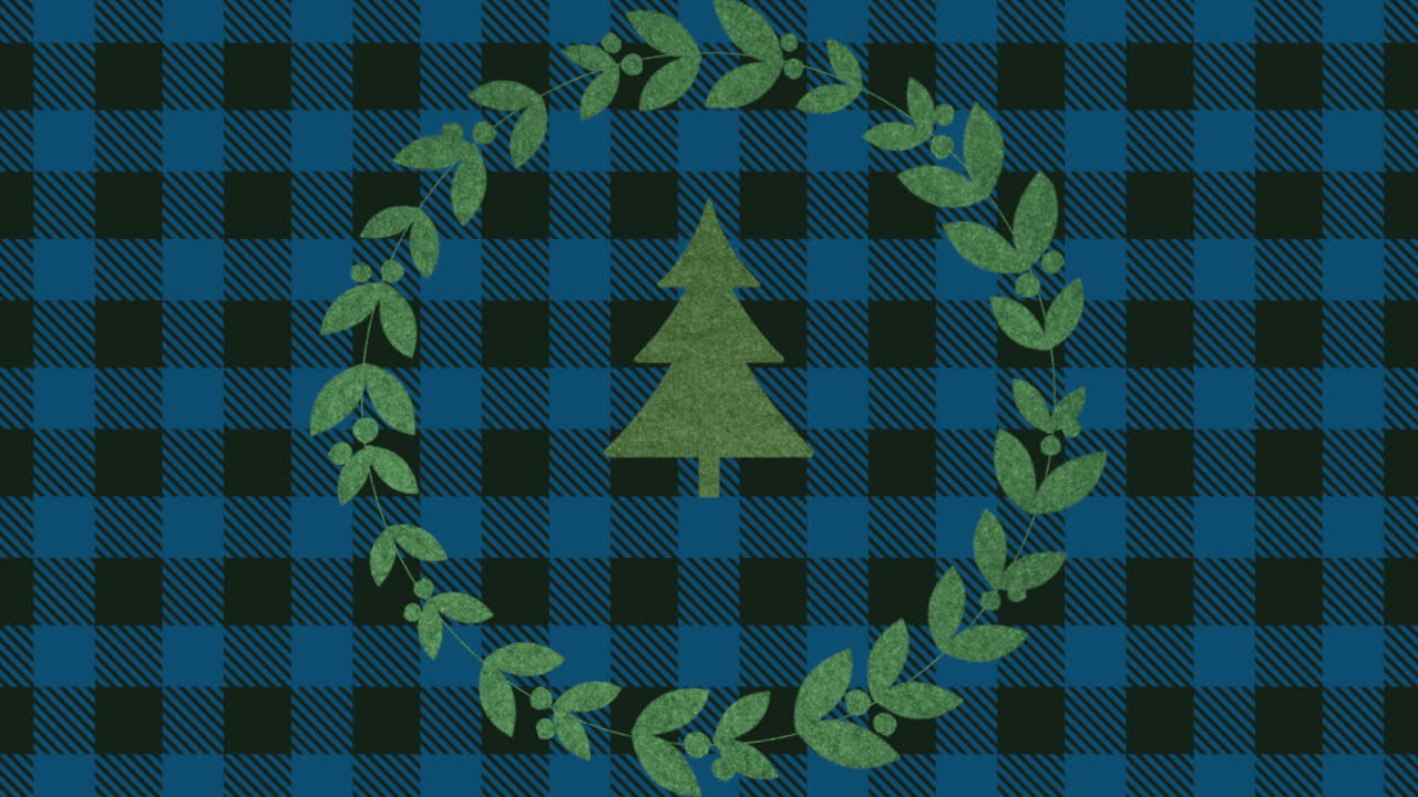 Winter green Christmas tree on blue checkered pattern