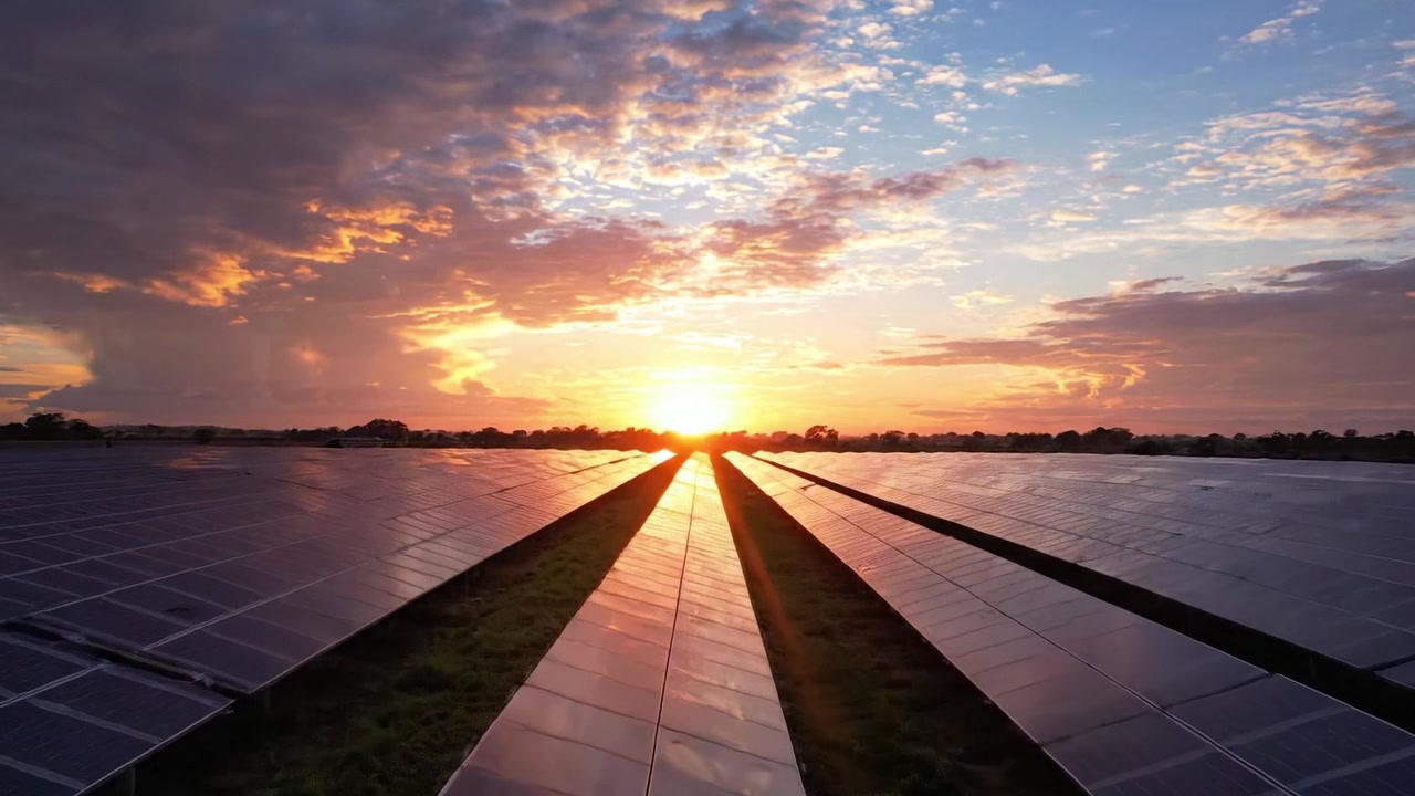 Betagende solnedgang over en stor solcellepark, der viser rækker af glimtende paneler, som reflekterer skumringens gyldne lys mod en dramatisk, skyet himmel.