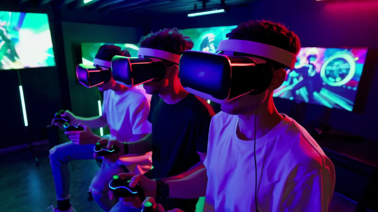 Group of friends enjoying VR gaming in an arcade